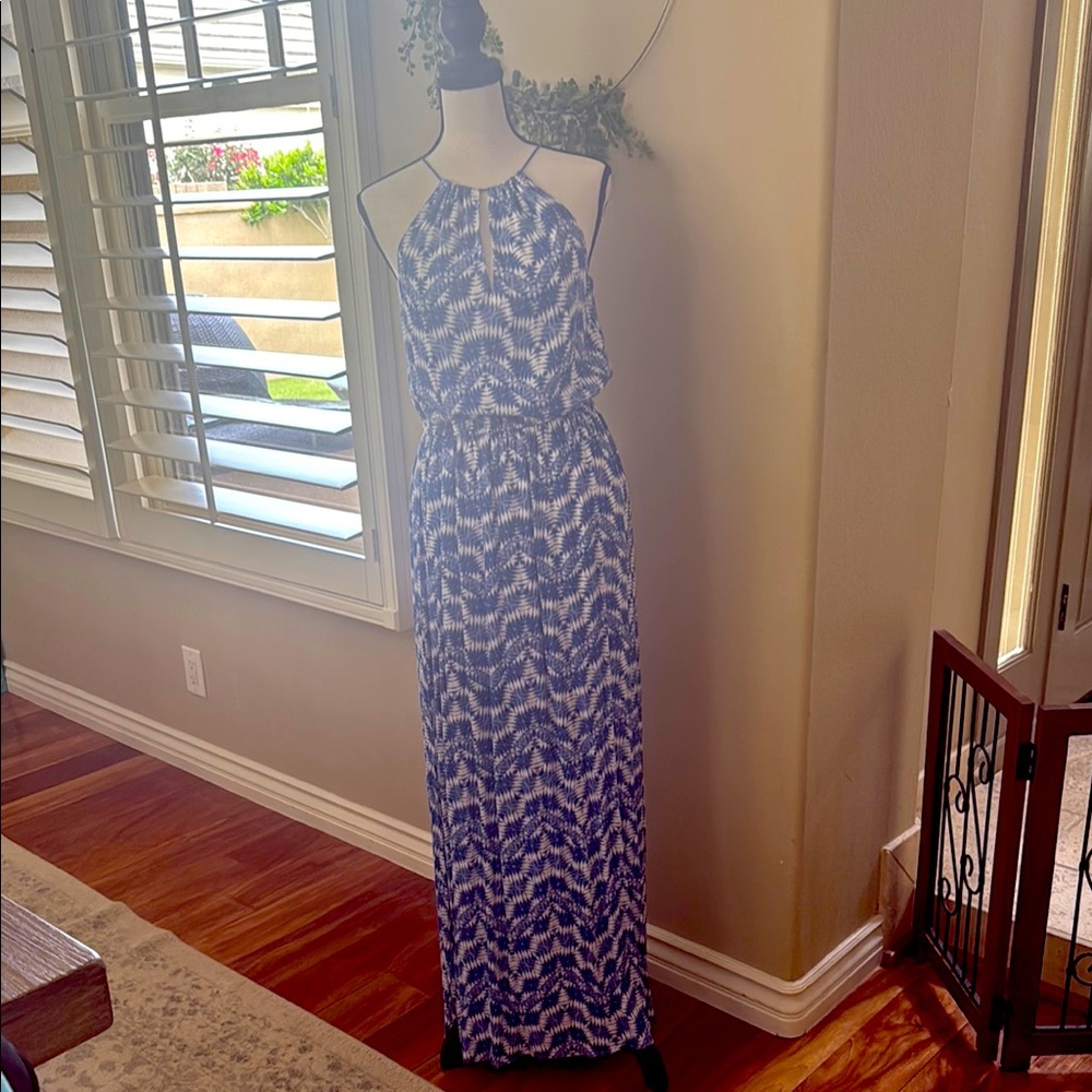Blue Patterned Halter Maxi Dress